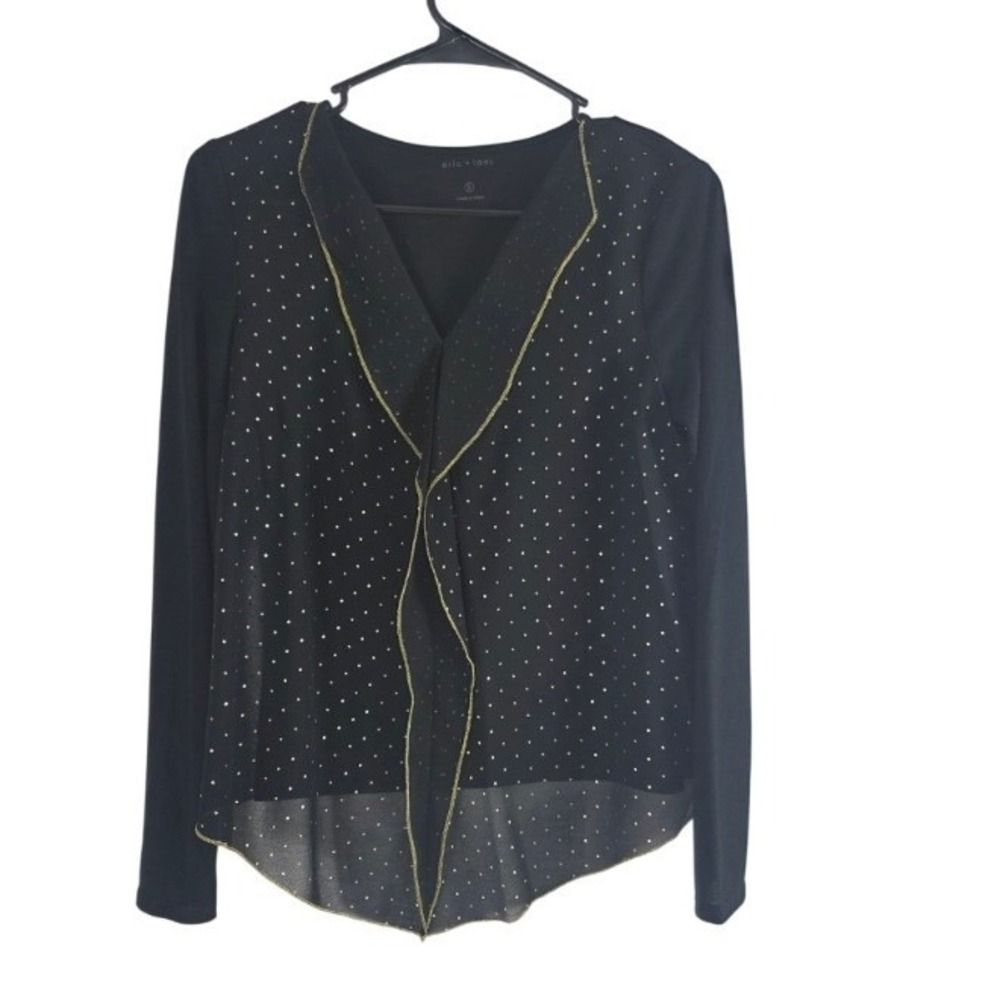 Eric + Lani Party Blouse S Womens Black Gold Polka Dot V Neck‎ Sheer New Years